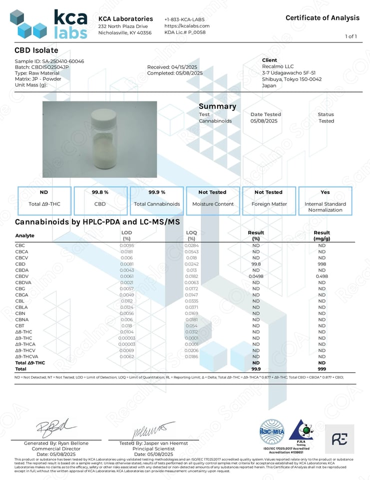 新基準対応】米国産CBDアイソレート（白色粉末／純度99.9%／食品通関